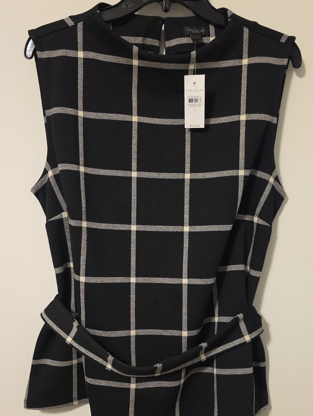 NWT Ann Taylor Black and White Windowpane Belted Shell Top Size Large